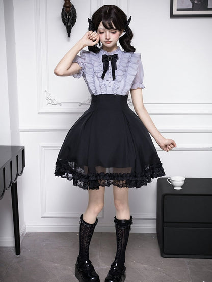 Gray Ruffled Blouse & Black Short Skirt Fake Two Pieces Lolita Dress - With PUJI