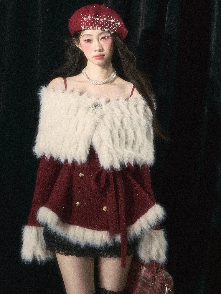 Eleganter Mantel mit schulterfreiem Ausschnitt in Weihnachtsrot/Weiß und abnehmbarem Plüschschal