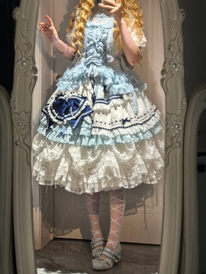 and White Banded Lolita Han Accents Blue Flower Collar Bow Dress with Puff Sleeves