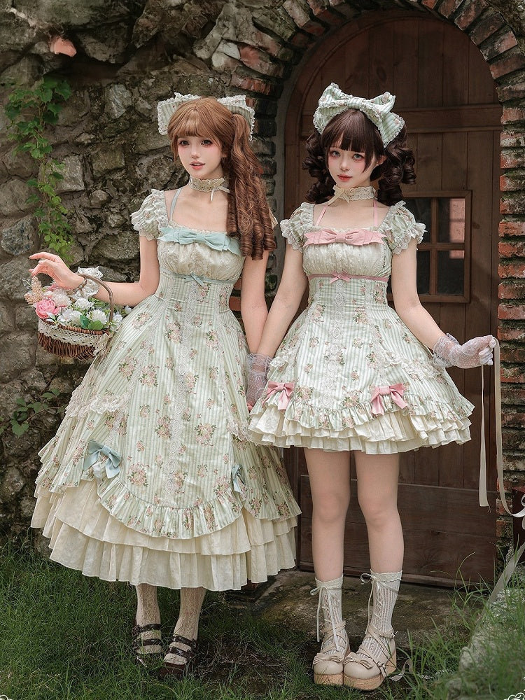 Green Striped Floral One-Piece Gown with Hair Bow & Choker - With PUJI