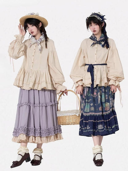Drawstring Long-Sleeve Ruffled Loose Beige Blouse with Lolita Cuffs