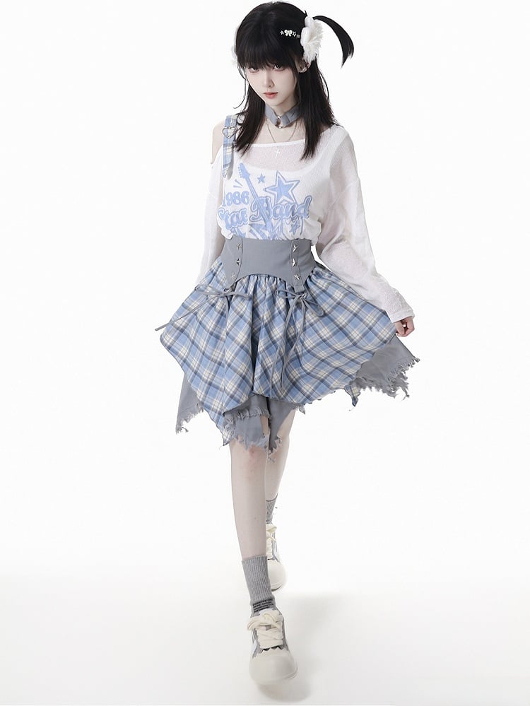 Blue/Black Free with Choker Guitar Print Asymmetrical Neckline Coverup