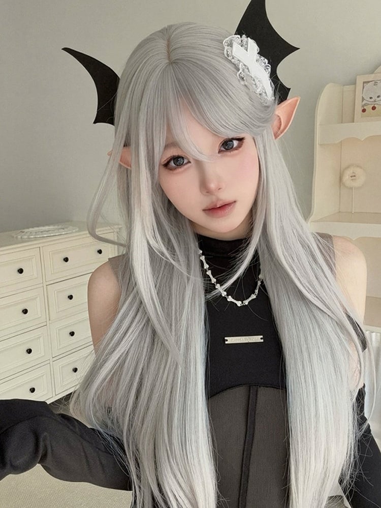 White 85cm Long Straight Full Bangs Wig - Alice Garden