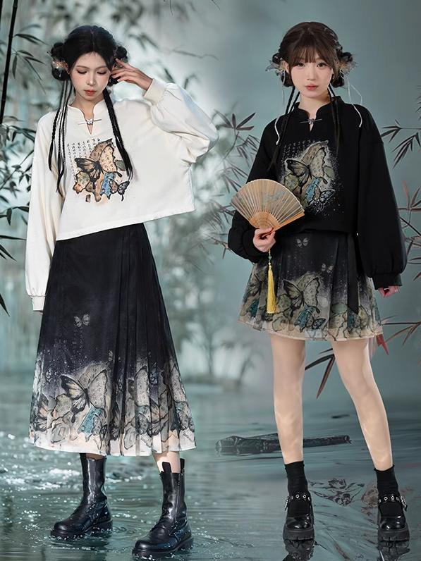 Butterfly Print Skirt Version Long/Short Cheongsam Horse-Face Pleated Style Black