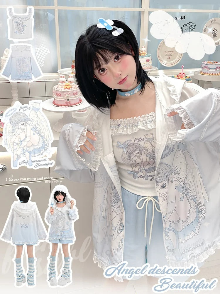 日焼け防止フード付き青と白のアニメガールプリントフリル裾ジャケットレース