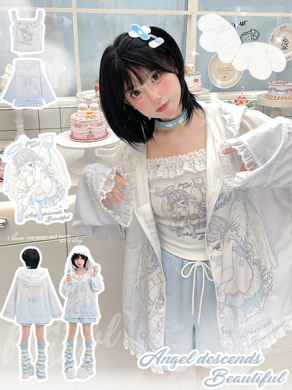 日焼け防止フード付き青と白のアニメガールプリントフリル裾ジャケットレース