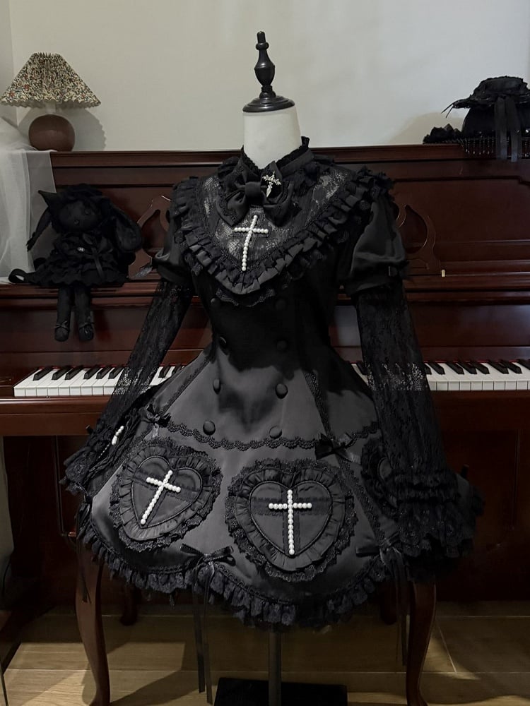 Details Cross and Lace Decoration Lolita Dress Black Gothic with Beaded