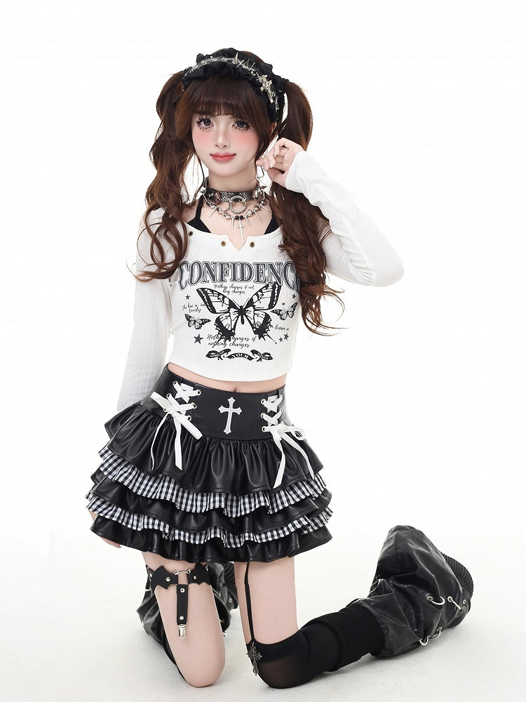 Plaid White Tiered Mini with Punk Lacing Black Skirt PU Crisscross