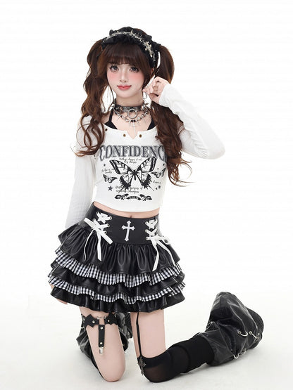 Plaid White Tiered Mini with Punk Lacing Black Skirt PU Crisscross