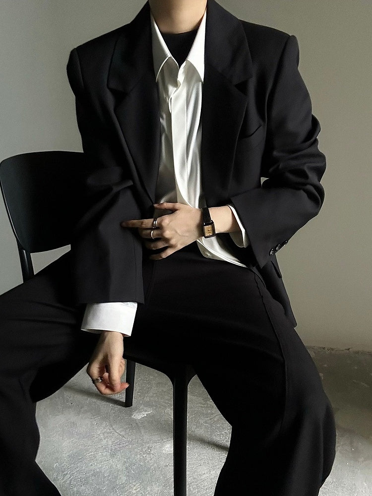 Black Collar with Notched Front Button Blazer - Ouji