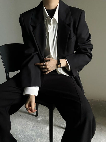 Black Collar with Notched Front Button Blazer - Ouji