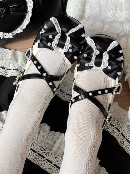 in Black Toe Mary Details Mid-heel PU Classic Shoes Lolita - Round Jane Beads