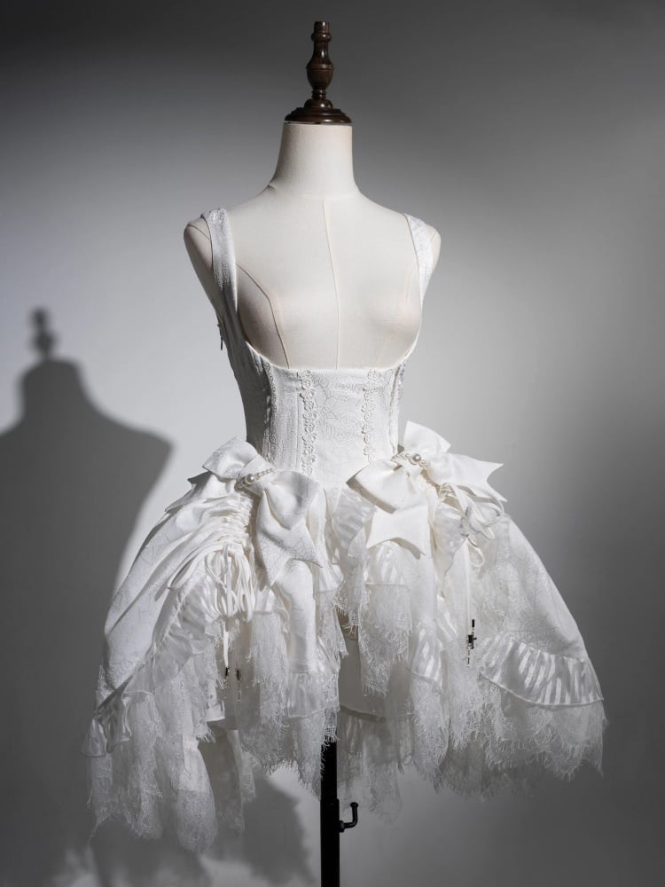 ホワイトアンダーバストドローストリングヘムシロロリータスパイダーウェブファブリックゴシックロリータドレス