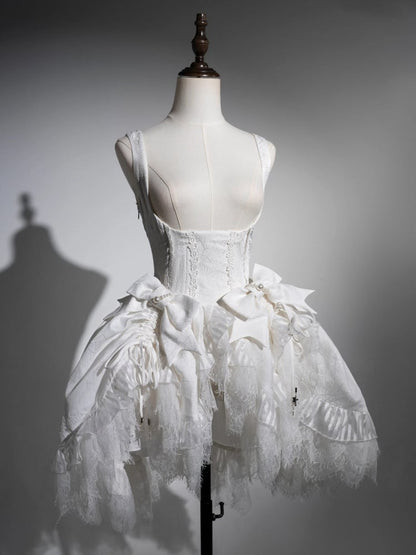 ホワイトアンダーバストドローストリングヘムシロロリータスパイダーウェブファブリックゴシックロリータドレス