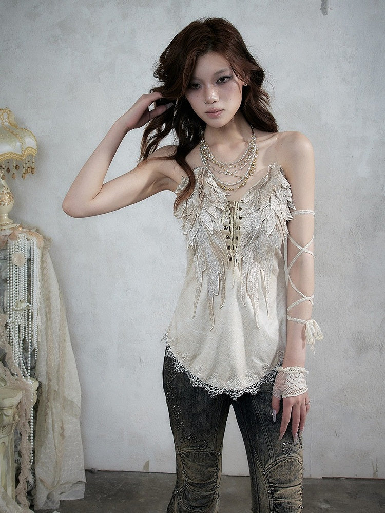 Beige Wing-Embroidered Corset Top with Lace Accents - NO ROMANCE