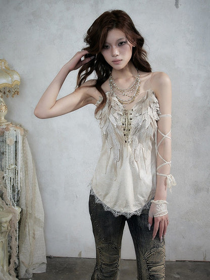 Beige Wing-Embroidered Corset Top with Lace Accents - NO ROMANCE