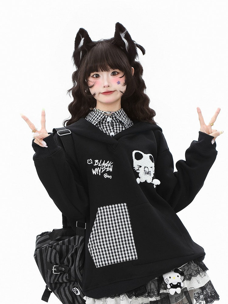 Daily Kawaii Pink/Black/White with Pattern Two-piece Plaid in Hoodie