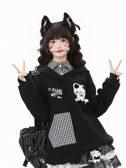 Daily Kawaii Pink/Black/White with Pattern Two-piece Plaid in Hoodie