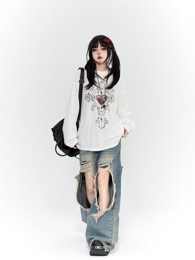 Black White Heart Red Neck Print with Crew Casual Top Cross