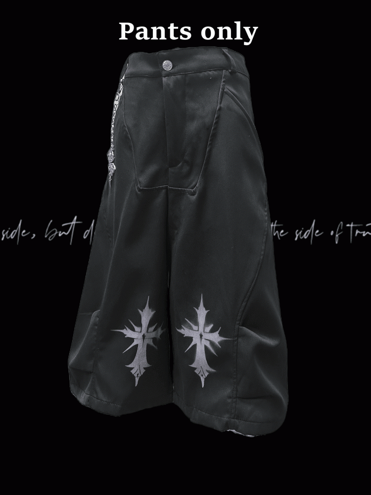 ロックY2Kワイドレッグパンツフリーチャームブラッククロスプリントパンク