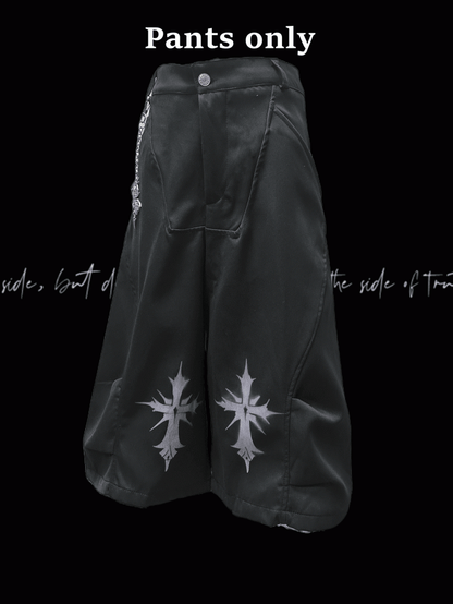 ロックY2Kワイドレッグパンツフリーチャームブラッククロスプリントパンク
