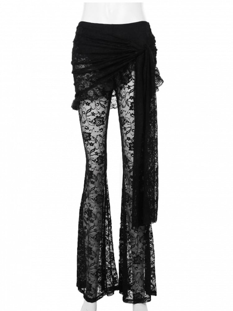 Flare Gothic Black Set: Halloween Floral Draped Embroidered Skirt Pants + with Asymmetrical Tie