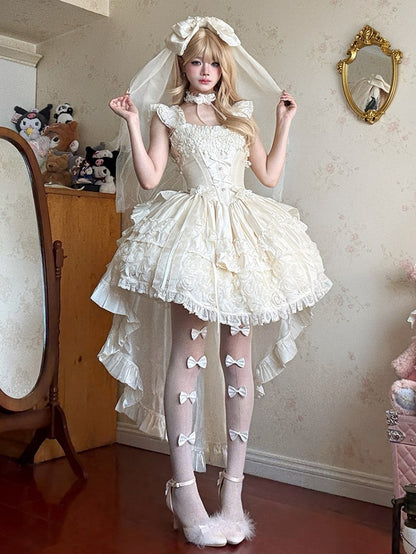 Blooming Hime Layered Lace Dress Lolita Accents Flower with Fluffy Champagne Waist Basque