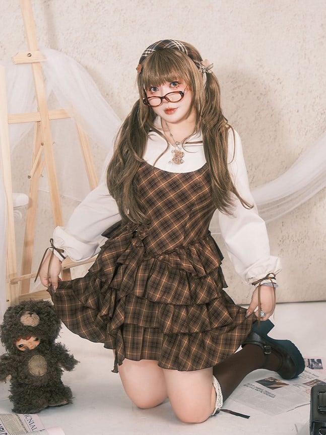 Detachable Preppy with Plaid Dress Plus Roses Brown Size Sailor Tiered Collar