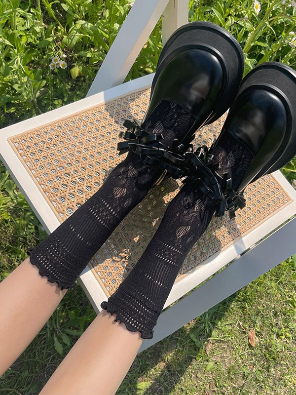 Trim Ruffled Socks White/Black Pattern Lace Camellia