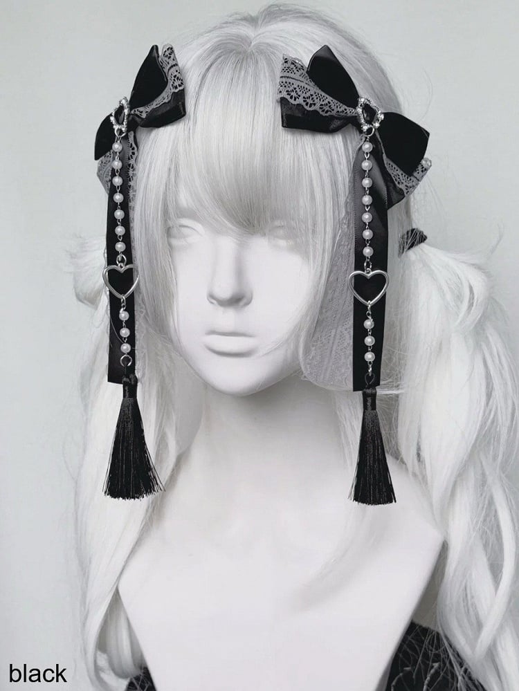 Bow Lace Hair Clip with Heart and Bead Charms - fallen angel
