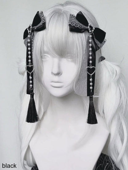 Bow Lace Hair Clip with Heart and Bead Charms - fallen angel