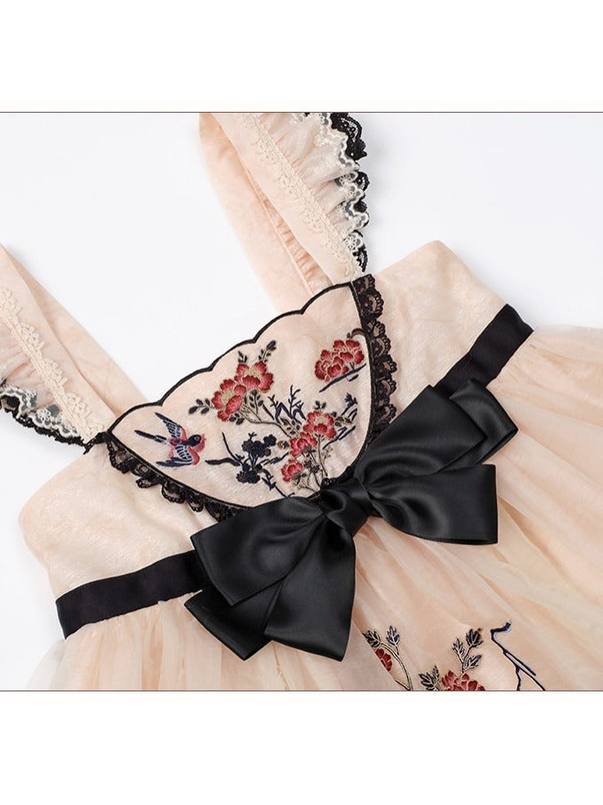 Hanfu Lolita Floral Bird Jumper Dress in Soft Yellow and Black - Yimu Walnut