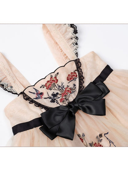 Hanfu Lolita Floral Bird Jumper Dress in Soft Yellow and Black - Yimu Walnut
