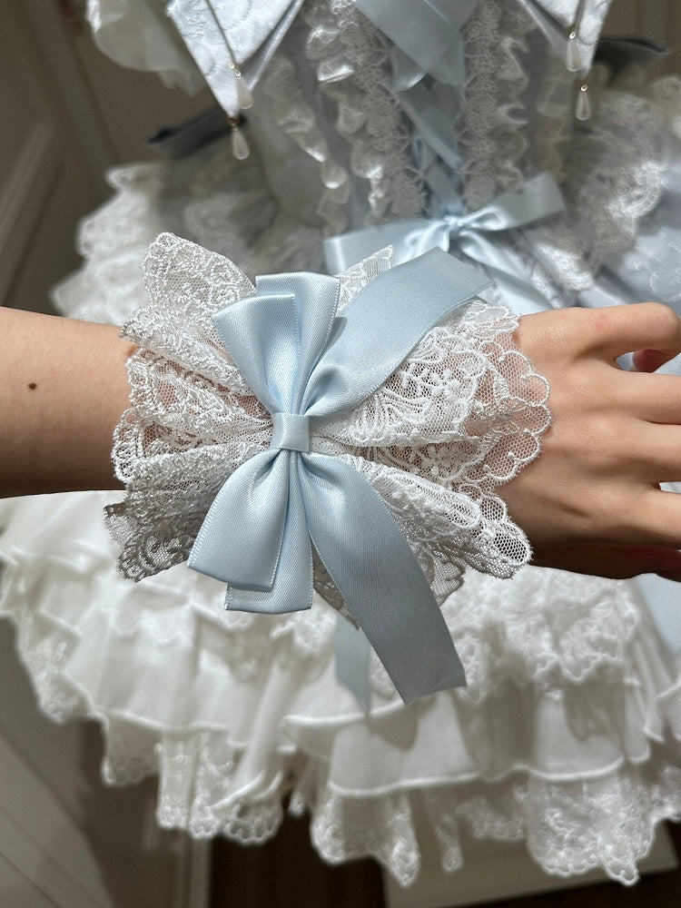 White Blue Pink Lolita Lace Wrist Cuffs with Bow Details - White Sugar Girl