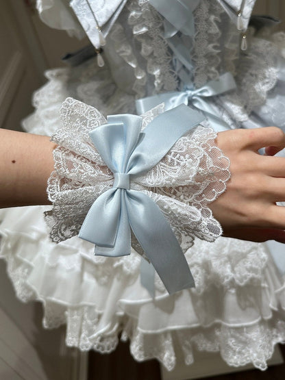 White Blue Pink Lolita Lace Wrist Cuffs with Bow Details - White Sugar Girl