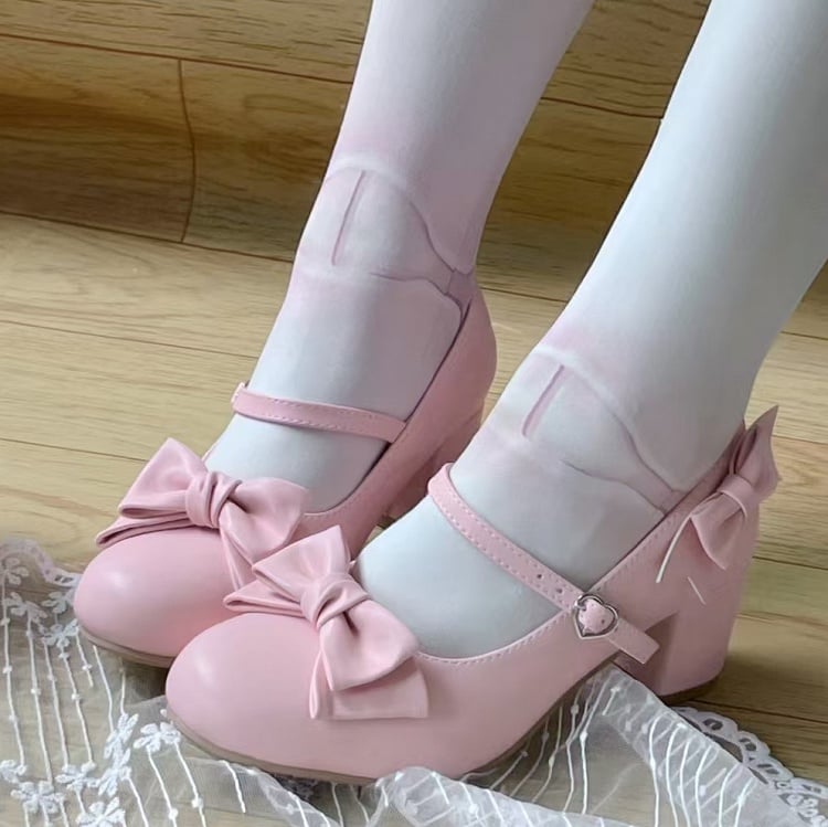at Lolita with Mid-heel Shoes Top Pink Snap Heart-shaped Sweet Bow