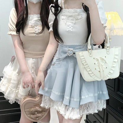 Back Jirai Kei Lace Trim Beaded Heart Decorated Big Bow Lace-up