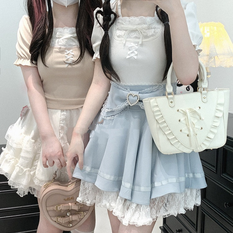 Jirai Kei Lace Bow Big Back Skirt Black/Light Trim Beaded Heart Decorated Blue Lace-up