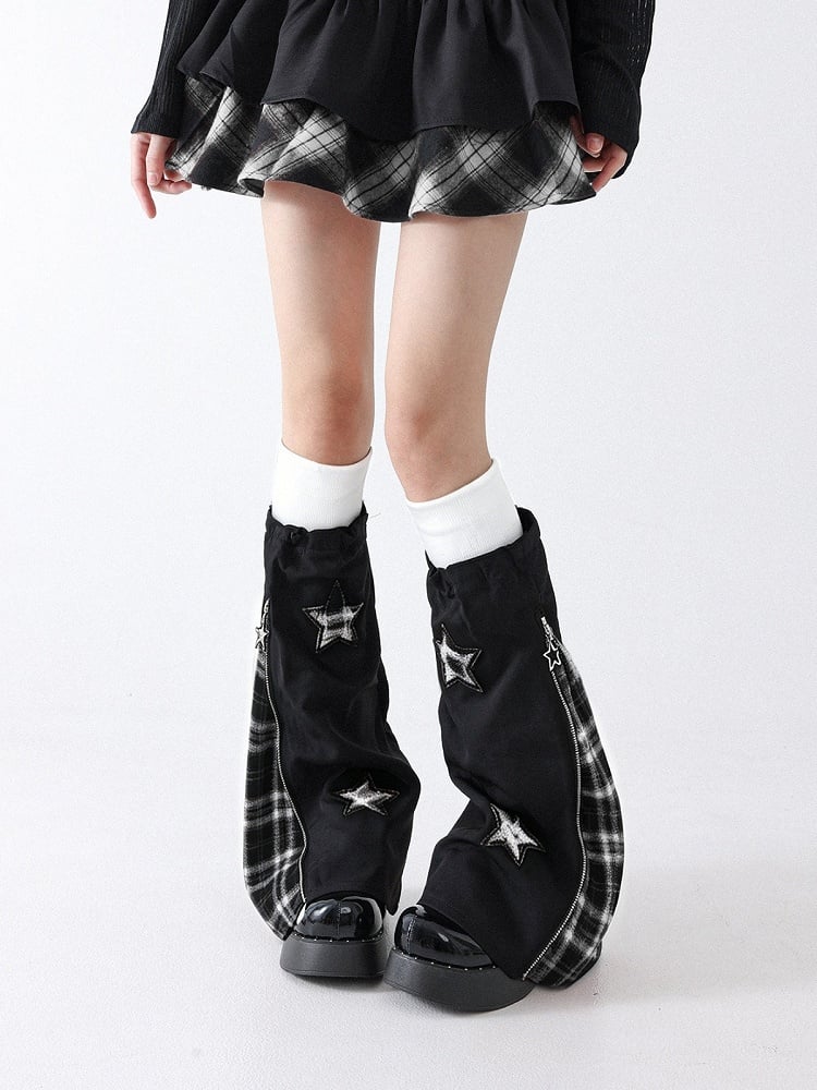 Black and White Y2K Plaid Leg Warmers with Star Decoration - Solost