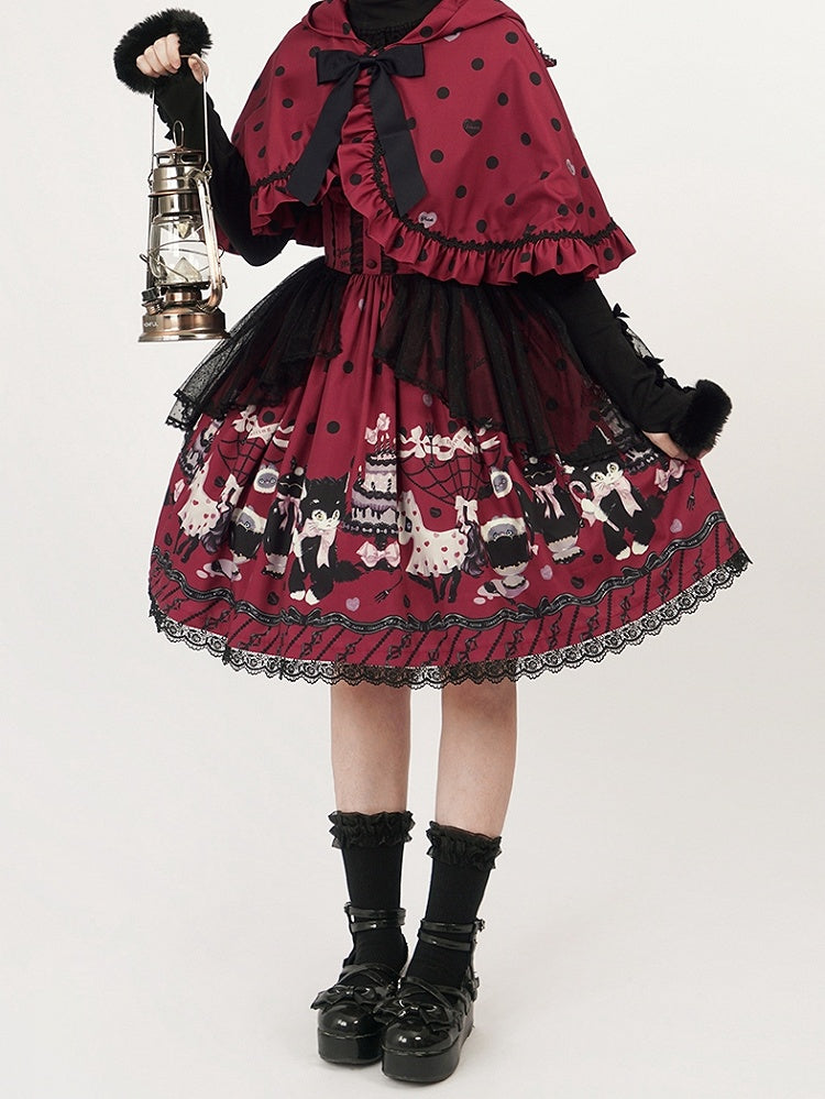 High Kitty Detachable Lolita Straps Cake with Skirt Ruffle Print Red Waist and