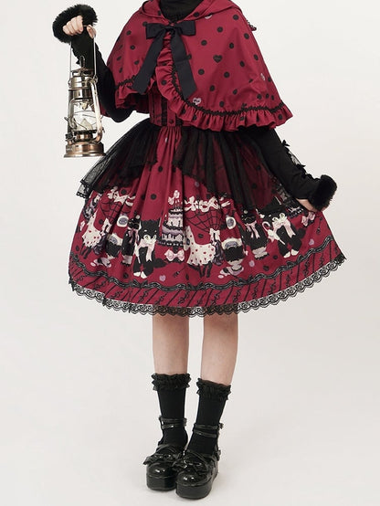 Lolita Cat Hooded with Dot Red Polka Ears Cape