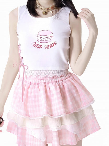 Weiß/Rotes Spitzen-Tanktop mit Burger-Print und Schnürung im Detailbesatz