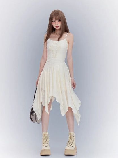 アプリコット アシンメトリー キャミワンピース パンク ウエストライン クロスディテール ハンカチヘム ウェイストランド