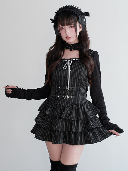 Jirai Black Dress Ruffled Suspender Multi-Layer Kei Striped