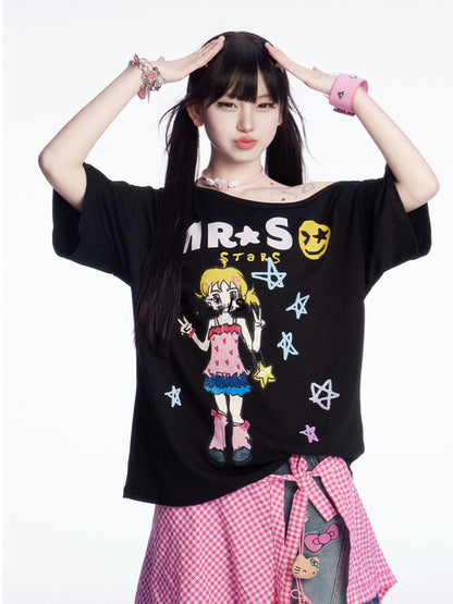 Bedrucktes schwarz-weißes T-Shirt mit asymmetrischem Ausschnitt und Vintage-Cartoon-Print