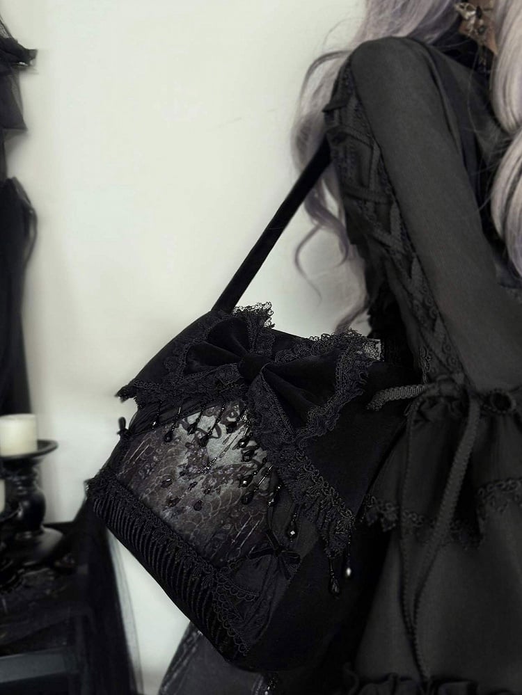 Black and Butterfly Print Bow Bag Shoulder Decoration with Lolita Tassel Gothic Bead