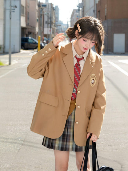 ブラウンのプレッピーファッションバッジブレザー刺繍JKユニフォームヴィンテージミラード