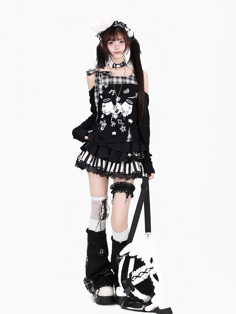 Jet Asymmetric Tartan Cutout Top with Celestial Kitten Print - CRAZY GIRL