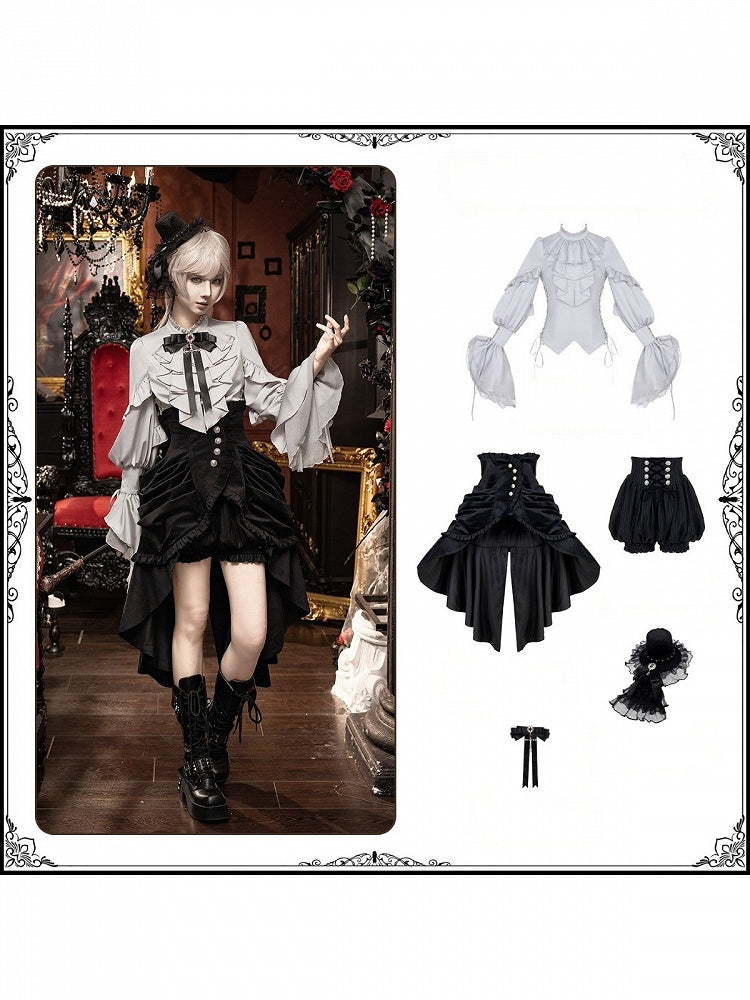 Gothic Ouji 5-Piece Ensemble: Poet Sleeve Shirt, Bloomers, Corset, Mini Hat & Bow Tie - With PUJI