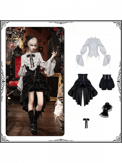 Gothic Ouji 5-Piece Ensemble: Poet Sleeve Shirt, Bloomers, Corset, Mini Hat & Bow Tie - With PUJI